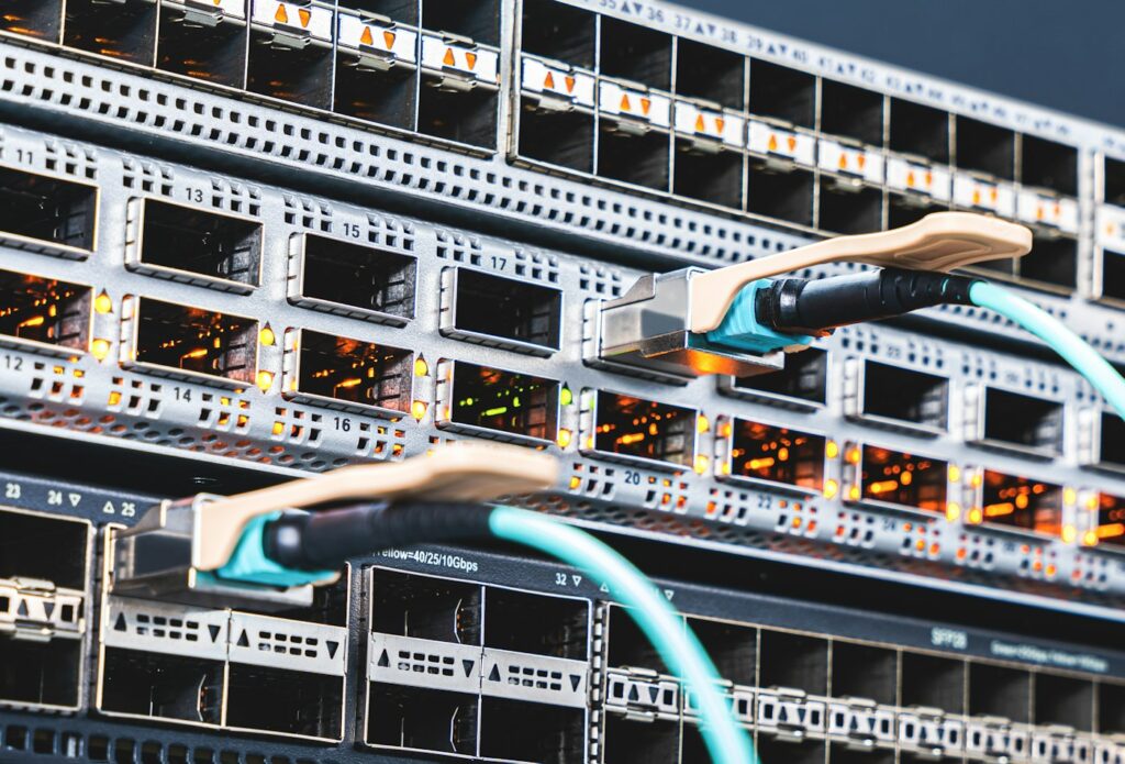 Rack-mounted network switch with patch cords connected